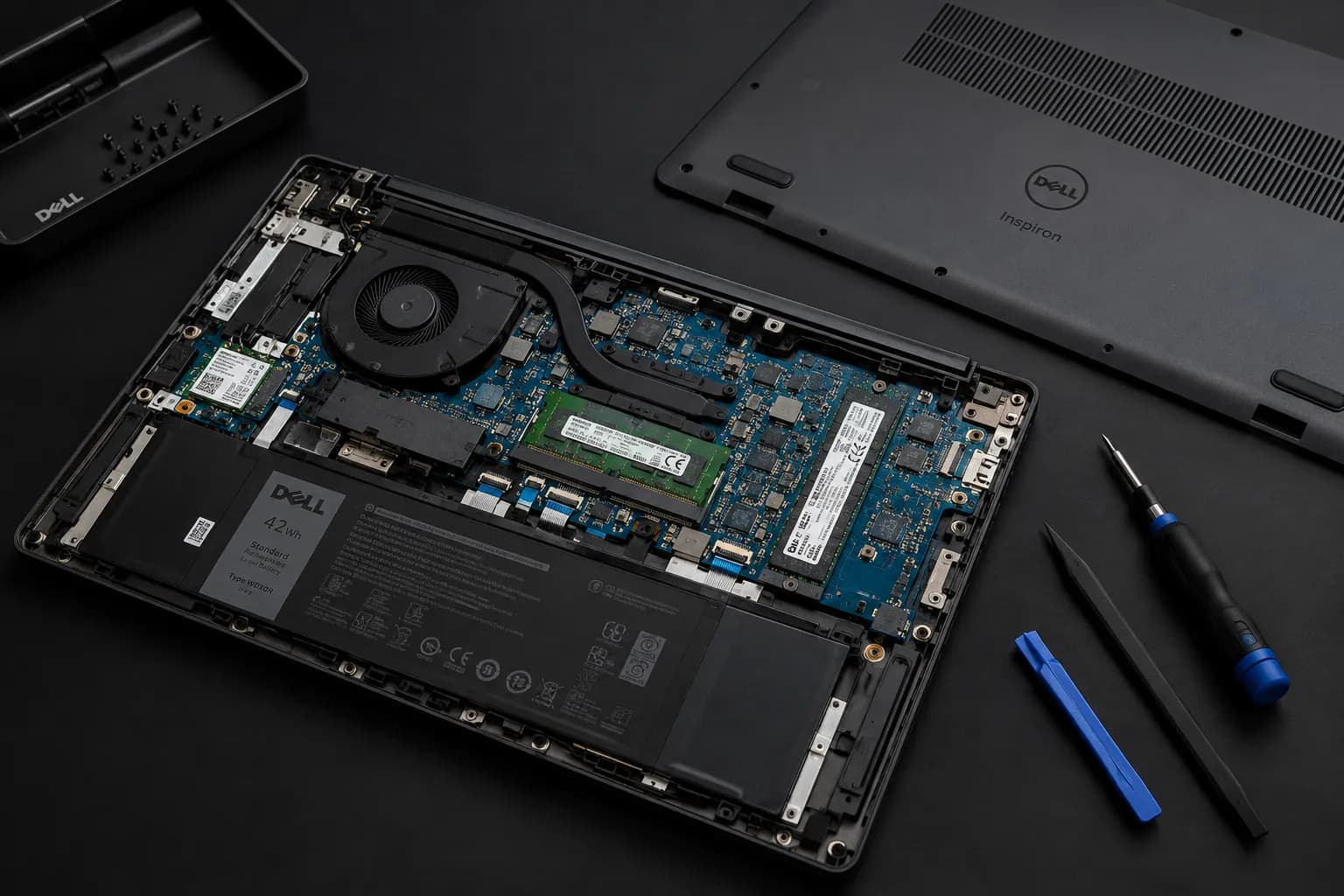 Disassembled Dell Inspiron 15 laptop ready for repair