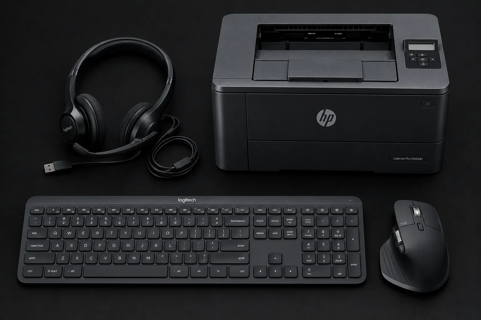 Flat lay of headphones, keyboard, mouse, and printer