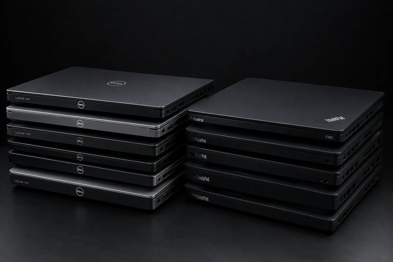 Stacked refurbished Dell and Lenovo ThinkPad laptops